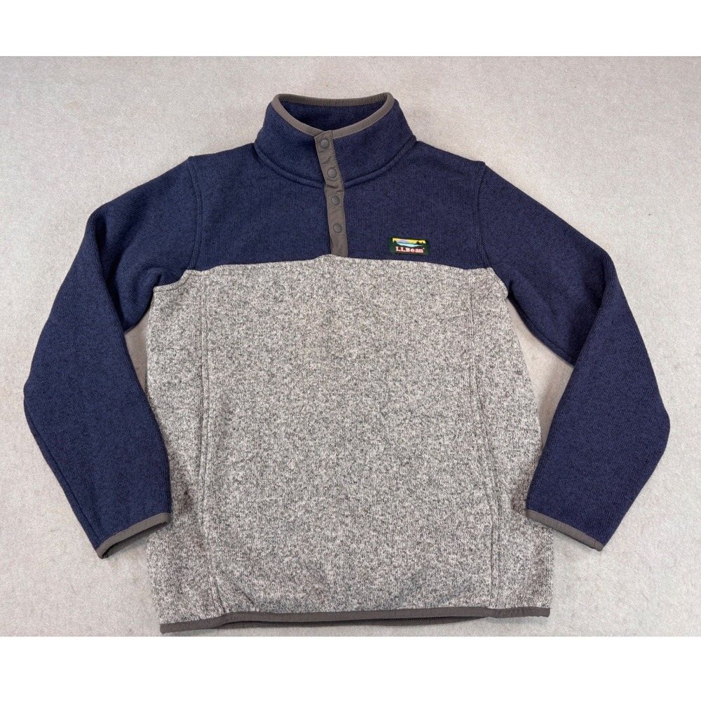 LL Bean Youth Medium 10/12 Quarter Snap Pull Over Fleece‎ Sweater Gray Navy